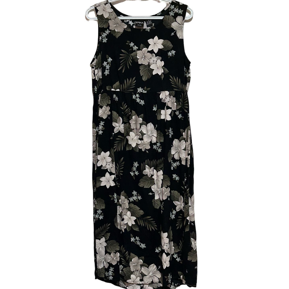 Erika Women's Black Green Cream Tropical Sleeveless Long Dress Size M
